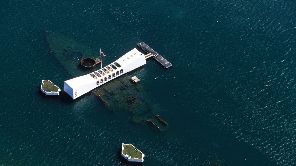 Aerial view of the USS Arizona at Pearl Harbor